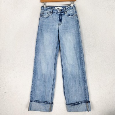 KanCan Jeans Womens 24 Blue Mid Rise Wide Leg Cuffed Stretch Baggy Denim Casual