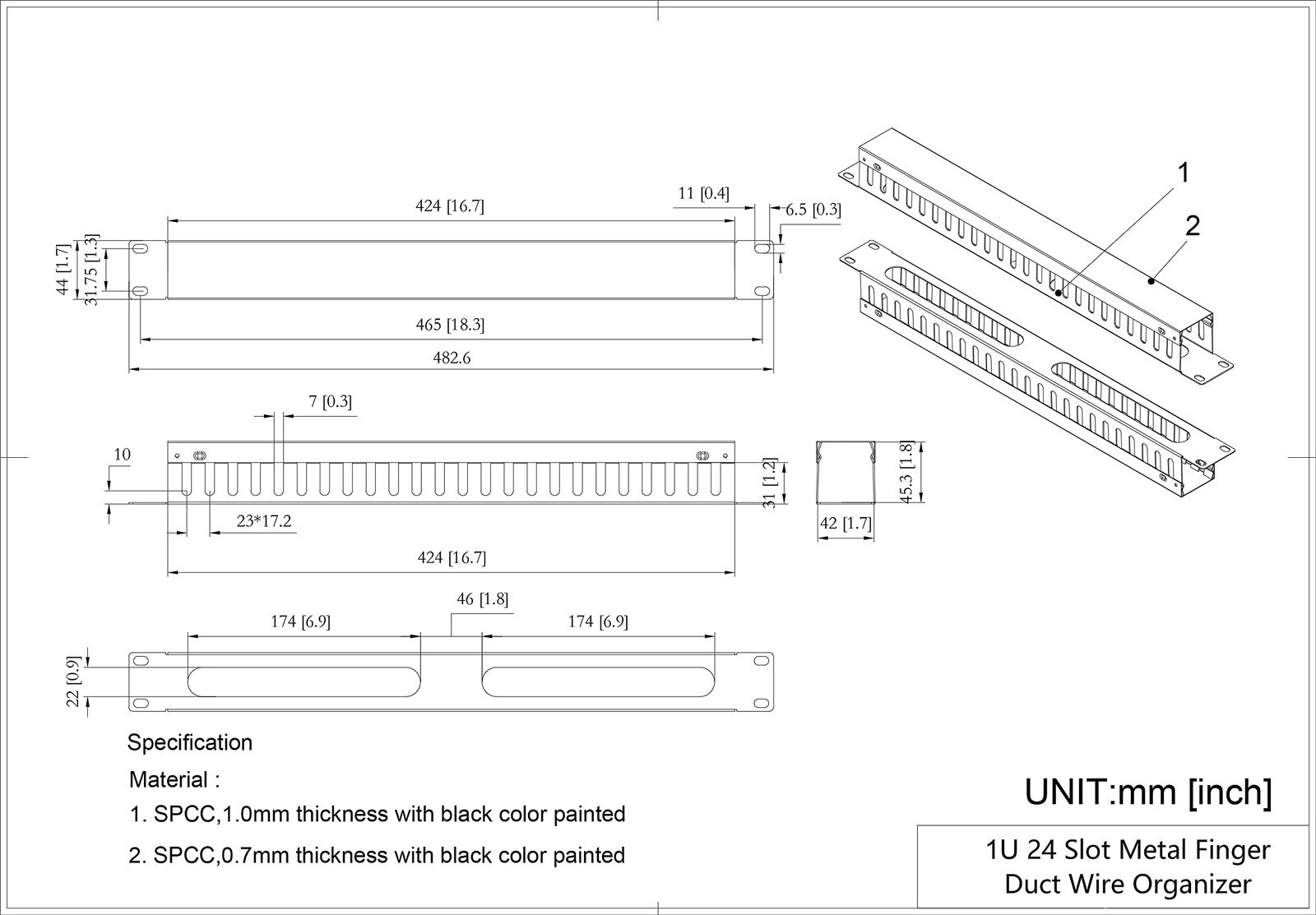 2 Pack 1U 19 Inch Cable Manager Horizontal Rack Mount 24 Slot Metal Finger Du thumbnail 2