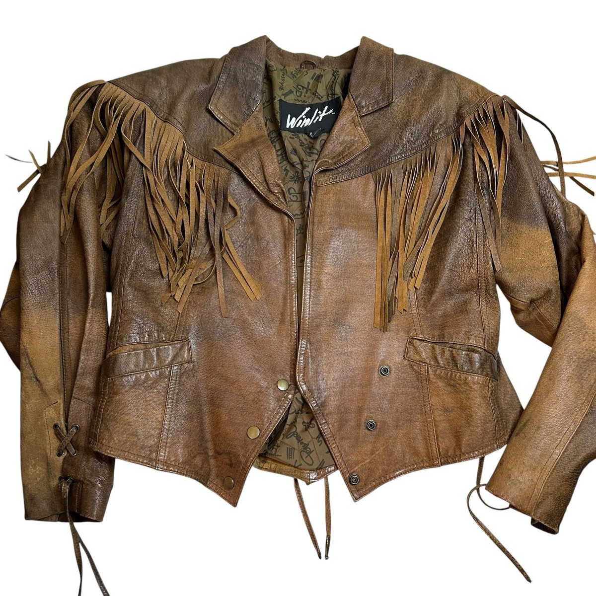 Vintage WINLIT Leather Fringe Jacket Women's Size Large Brown