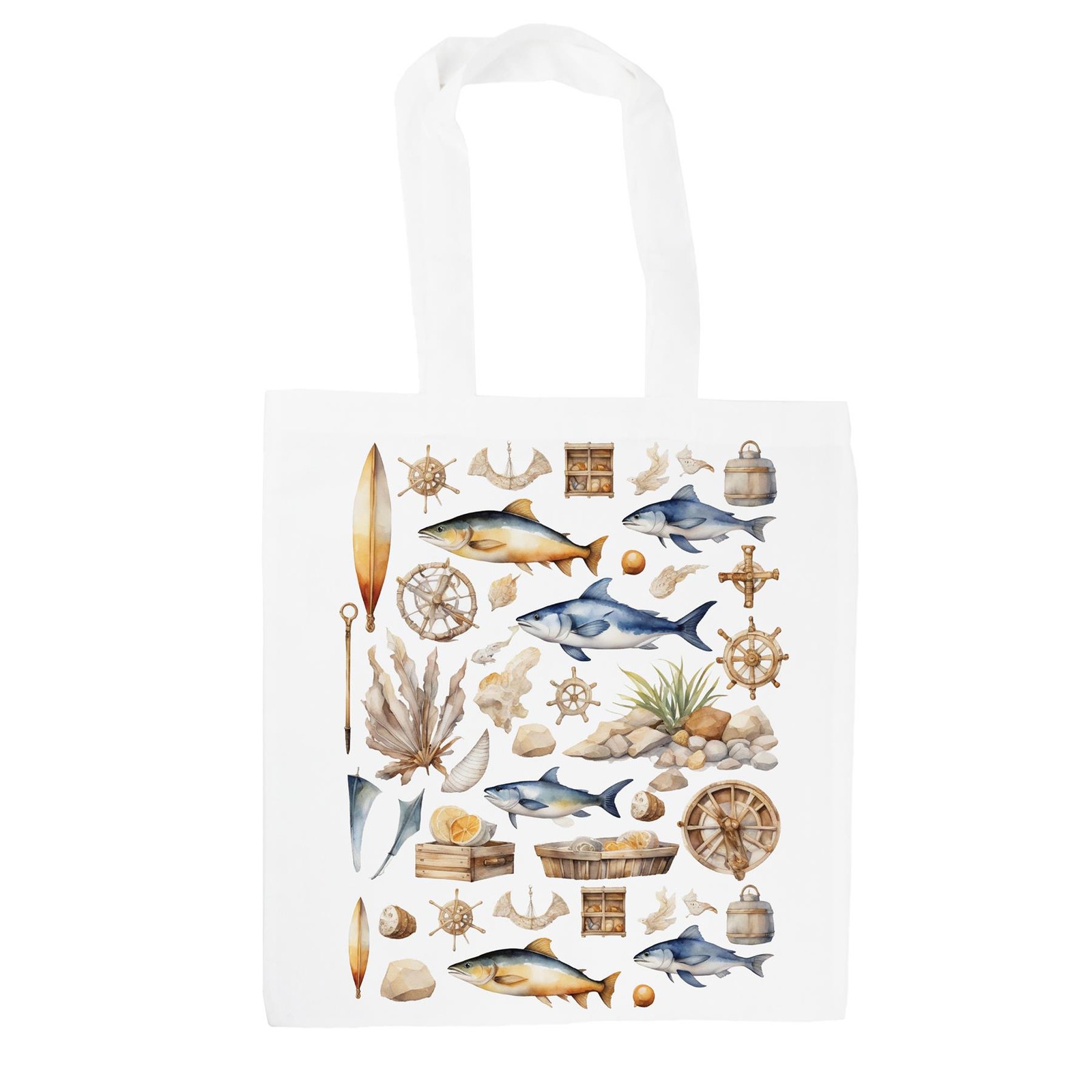 Seaside Finds & Fish Tote Bag - Nautical Print Reusable Shopping Bag Gift