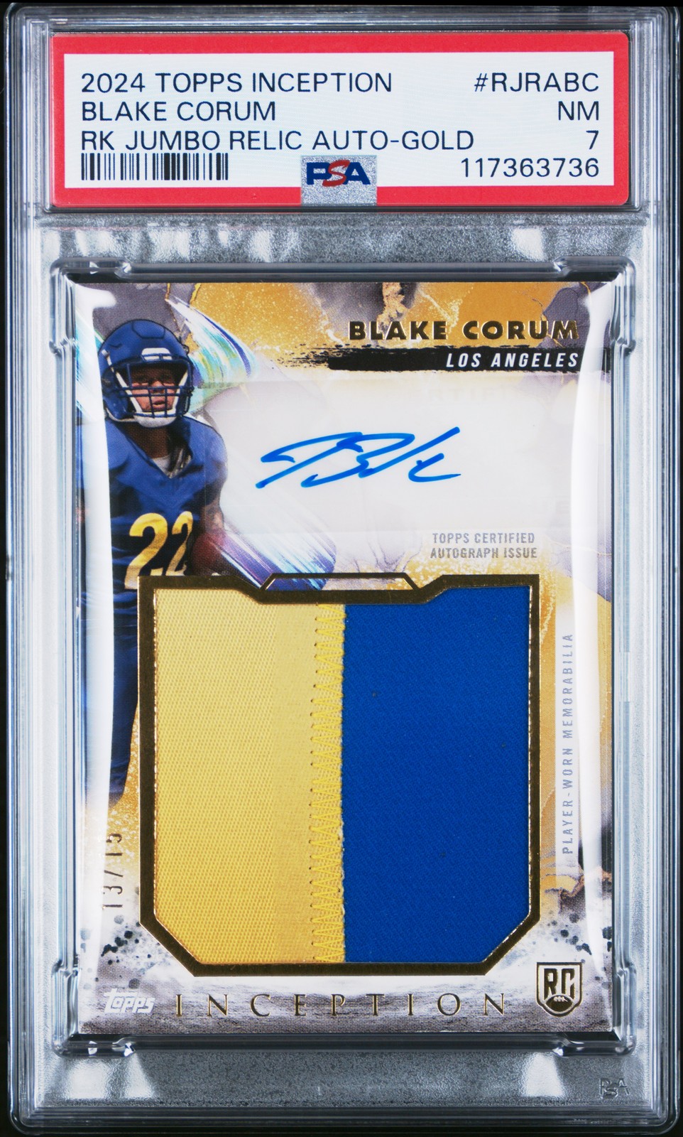 Blake Corum Topps Inception Rookie Jumbo Relic Autographs #RJRABC Gold