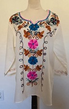 Cotton Tunic 3/4 Slevees XXL Beige Summer Ethnic Flowers Embroidery Bohemian