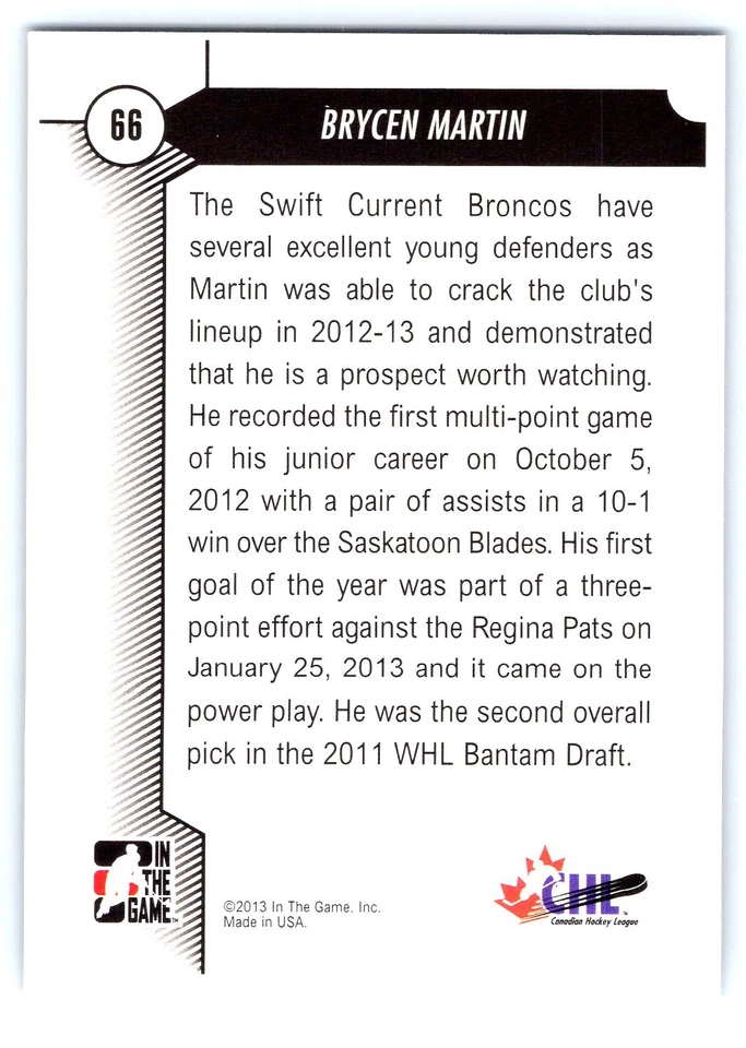 2012-13 In The Game Draft Brycen Martin Rookie Emerald Parallel #/50 RC #66 - Image 2 of 2