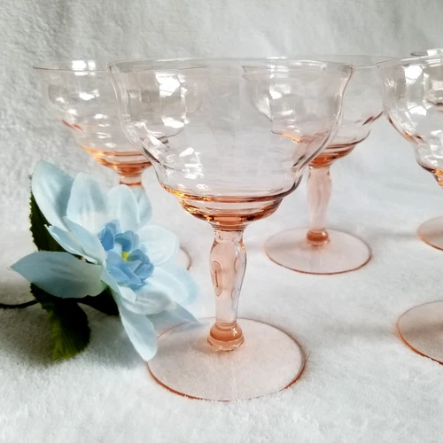 6 Paneled Optic Pink Depression Champagne/Sherbet Stem Glasses