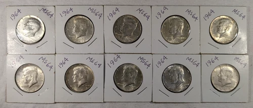 LOT OF 10 UNC 1964 KENNEDY HALF DOLLAR COINS $5 FACE VALUE UNCIRCULATED #81