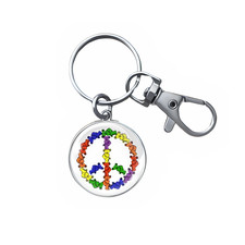 Rainbow Peace Bear Glass Cabochon Keychain Charm Hippie Groovy Stainless Steel