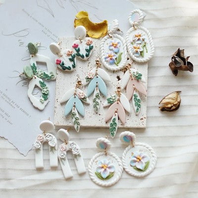 Floral Layer Drop Earrings Polymer Clay Leaf Multi Shape Spring Women Jewelry