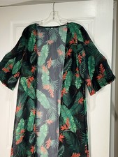 Sheer Maxi Length Black Duster Kimono With Tropical Floral Pattern Open Front L
