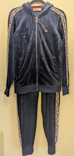 FILA Heritage Velour Track Suit Set Small Navy Blue Gold Logo Tape Hoodie Pants