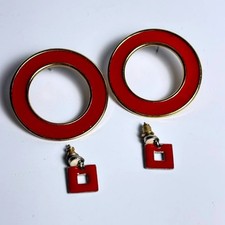 Red Enamel Earrings Set Gold Tone Geometric Circle Hoop and Square Drop
