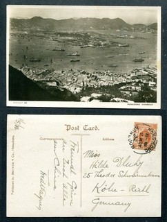 1932 Hong Kong 8c stamp on Hong Kong Harbour 'Real Photo' Postcard to Germany