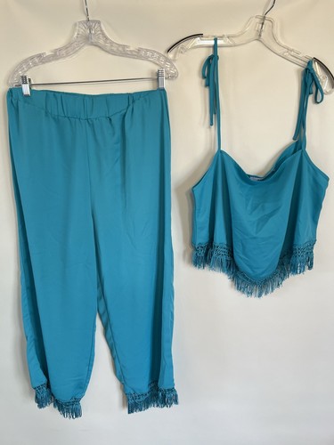 Justfab Women's 2 Pc Fringe Turquoise Summer Ankle Length Pantsuit Size XXL 2X - Picture 5 of 5