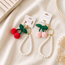 Crochet Cherry Pearl Bag Charm Keychain Cute Pom Pom Fruit Purse Pendant Gift