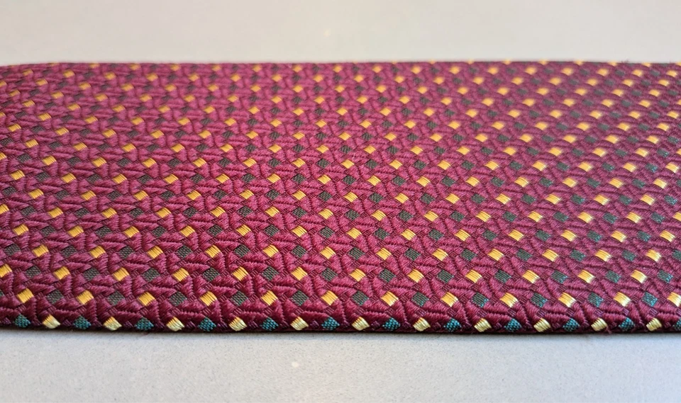 Charvet Silk Necktie Burgundy Red w/ Gold and Green Woven Diamonds 3.5 x 57" - Image 2 of 4