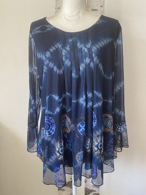 Desigual Womens Navy Blue Long Sleeves Blouse Mesh Top Lined Size XXL