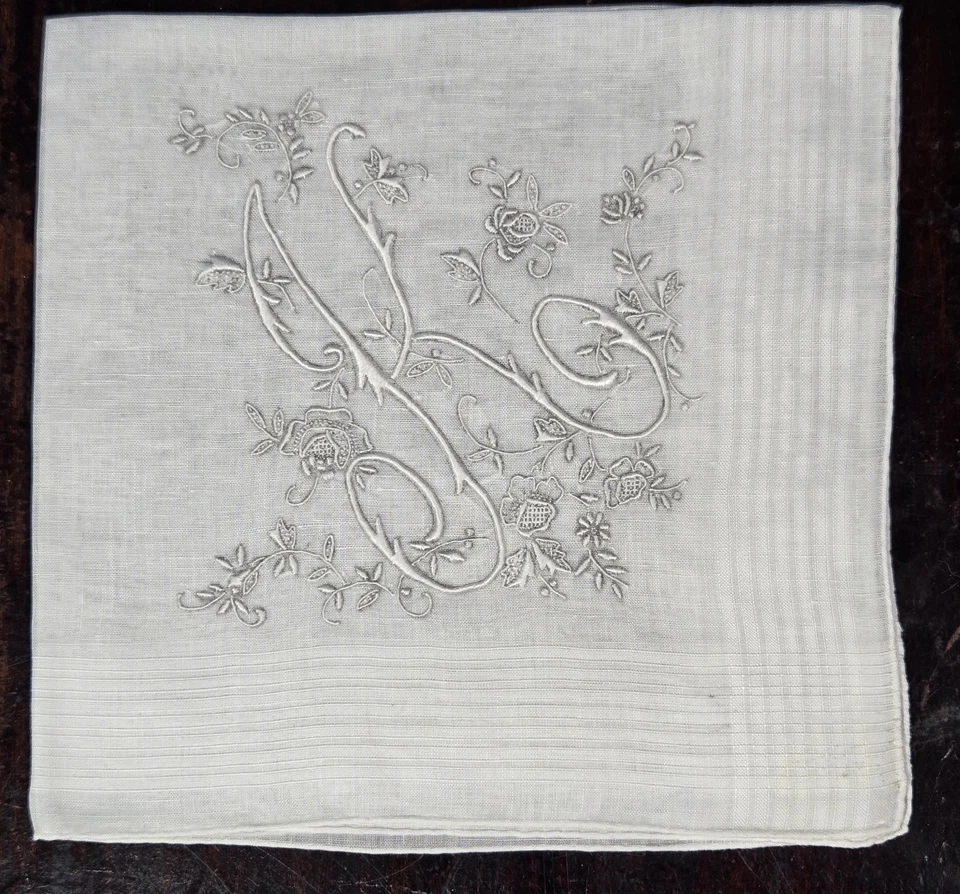 Vtg Exceptional Madeira Embroidered Cotton Linen Hankie Handkerchief Monogram K - Image 2 of 4