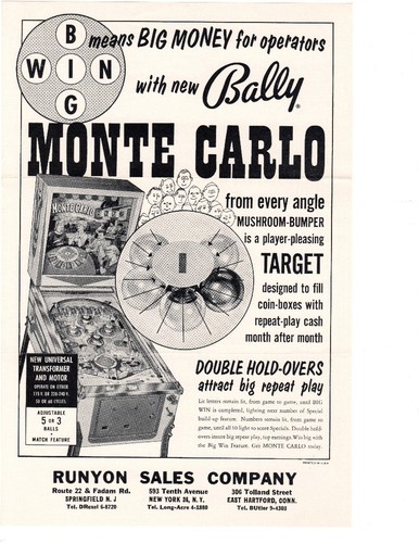MONTE CARLO Original PINBALL Flyer BALLY 1-Player 1963 Promo Brochure Ad Slick