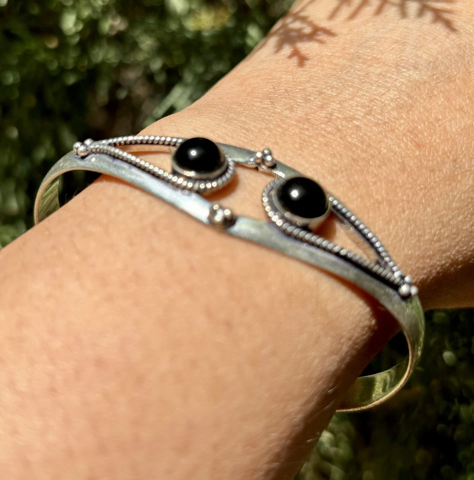 Brazalete brazalete de ónix negro natural enchapado en plata de ley 925, pulsera joyería 7 Foto 3 de 4