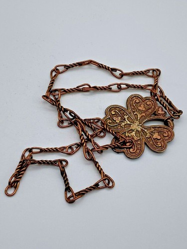 Vintage Copper Metal Necklace Pendant Clover Leaf - Picture 2 of 7