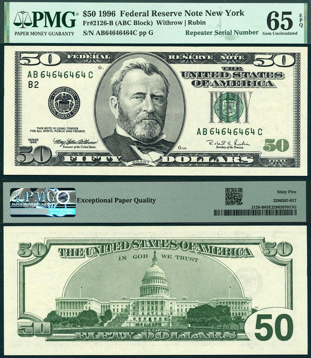 1996 $50 FRN Super Repeater 64646464 ABC Block 1st Year of