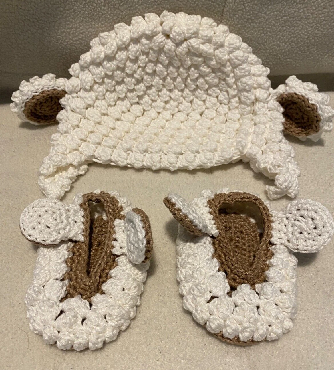 Handmade Crochet Baby Lamb Hat & Booties Set New born to 6 Months White & Tan