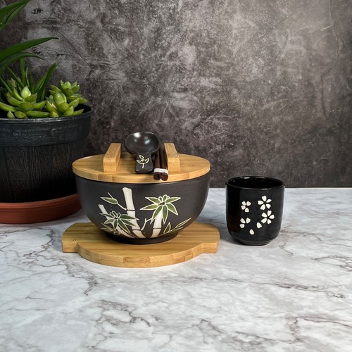 Bamboo Black Japanese Ceramic Rice Noodle Ramen Bowl with Bamboo Lid Trivet - 第 1/6 張圖片