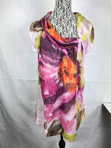 DKNY Women's Silk Dress Size S Floral Tie Neck Sheer Short Sleeve Pink Green 62 - Picture 1 of 7