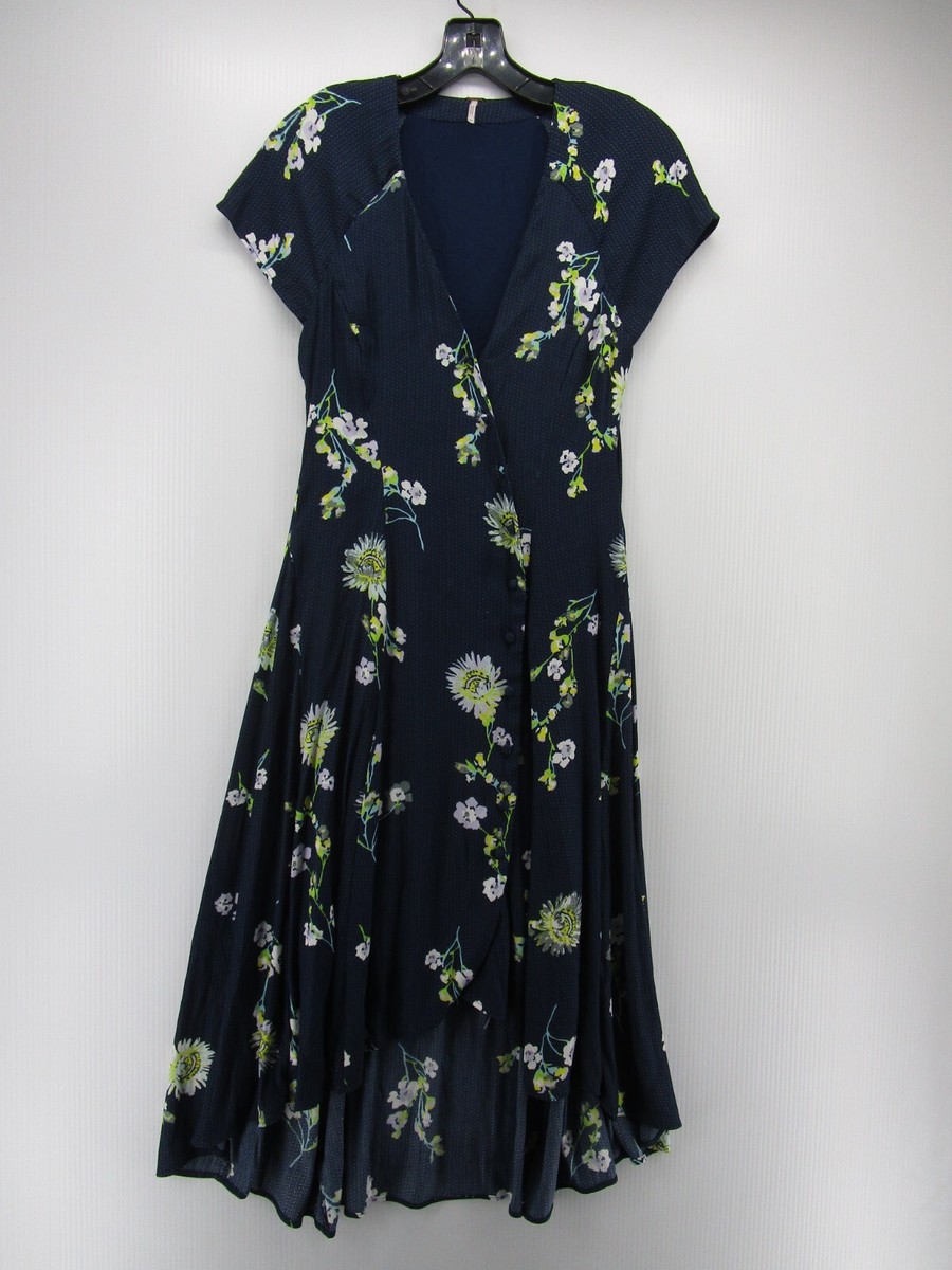 Free People Dress Women XS Blue Fit Flare Wrap Floral Summer Hi Low Button  Midi | eBay