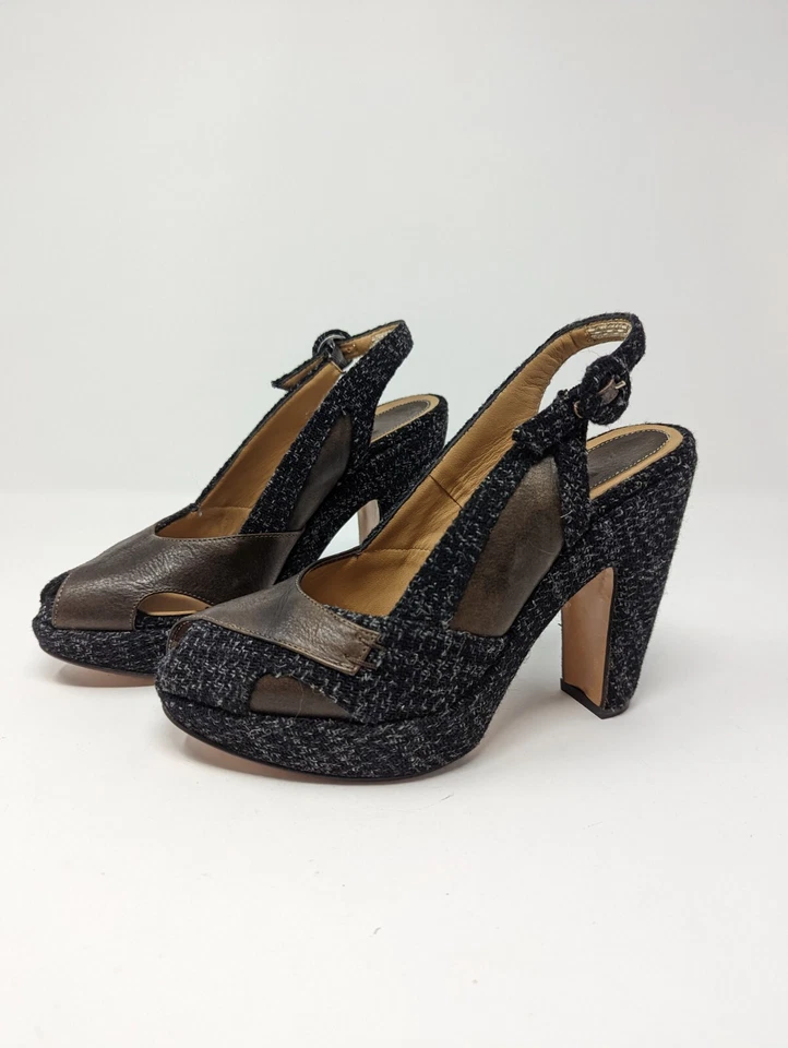 Zapatos de salón MARNI Slingback Peep Toe marrón azul tweed EE. UU. 6,5 IT 36,5 tacones Foto 4 de 4