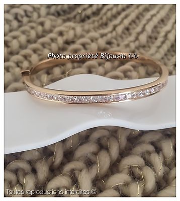 Bracelet Jonc Ouvert Zirconium Plaqué Or Rose 18 Carats - Bijoux Femme - Neuf Avec étiquette