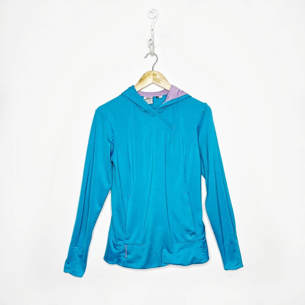 Felpa con cappuccio Salomon a maniche lunghe blu con cappuccio da corsa activewarm donna m