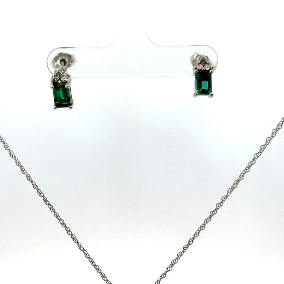 Sterling Silber Laborgezüchteter Smaragd Und Diamant Halskette Und Ohrringe Set - Bild 2 von 3