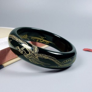 Authentic Certified hetian Green Jade Engraving Gold-plated Dragon And Phoenix Bracelet
