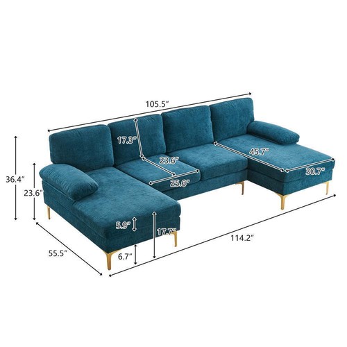 FCH Sofa Set U Shape Sectional with Double Chaise and Gold Plated Legs Couch - Picture 7 of 24