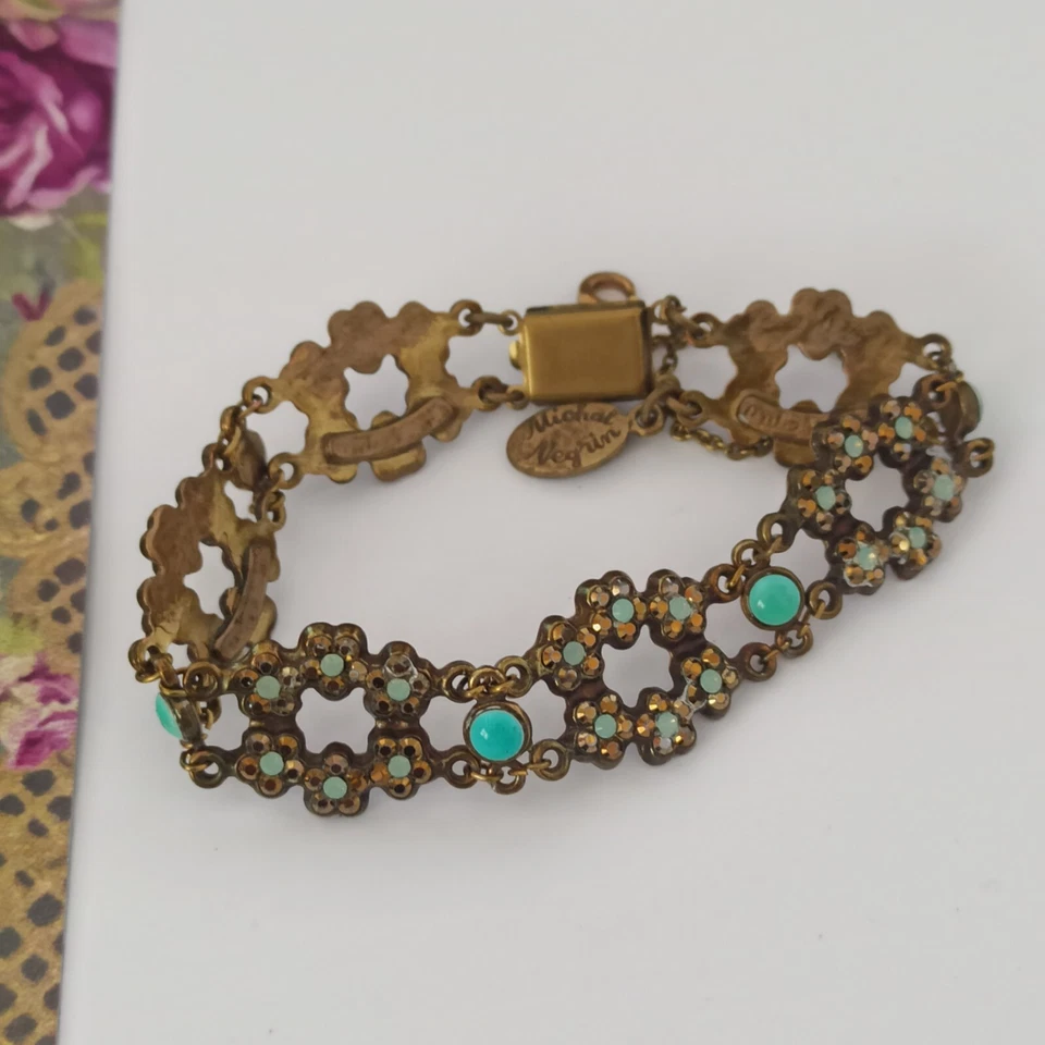 Michal Negrin Bracelet Turquoise Dainty Flowers Wide With Swarovski Crystals VTG - Image 2 of 4