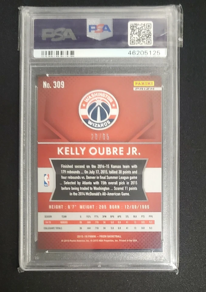 2015-16 Panini Prizm Kelly Oubre Jr Orange Prizm /65 Rookie RC #309 PSA 10 112a - Image 2 of 2