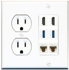 2 Port HD 2 USB 3  2 CAT6 Wall Plate w-Power Outlet White