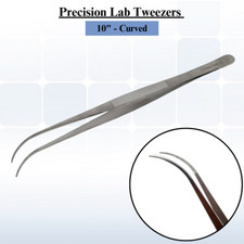 High Precision Lab Forceps Fine Serrated Tweezers Curved Pointed Tips - 10"