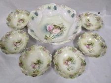 ANTIQUE  RED STAMP  R. S.  PRUSSIA  7 PIECE BERRY SET  -  ROSE PATTERN