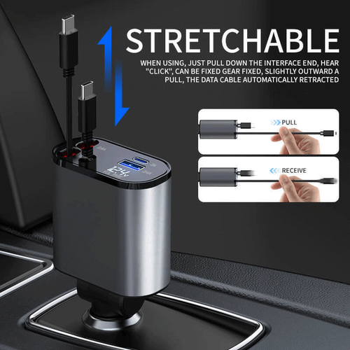 100W 4in1 Retractable Car Charger USB Type-C Cable 12-24V Fast Adapter For Phone - Picture 8 of 16