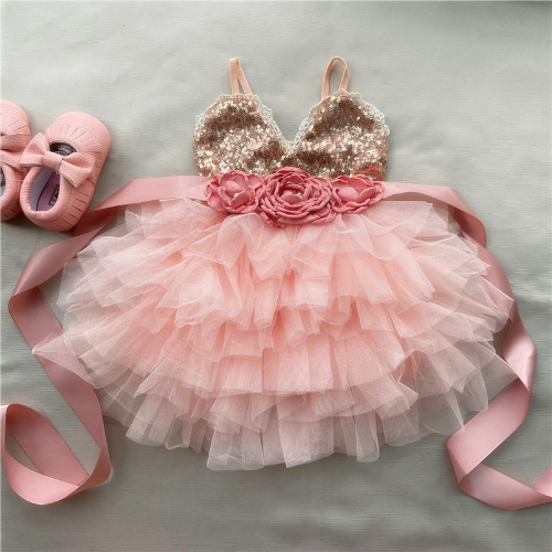 Shinny Flower Girls Dress Party Gown Gold Sequined Layered Tutu Dress Clothing - Picture 10 of 25