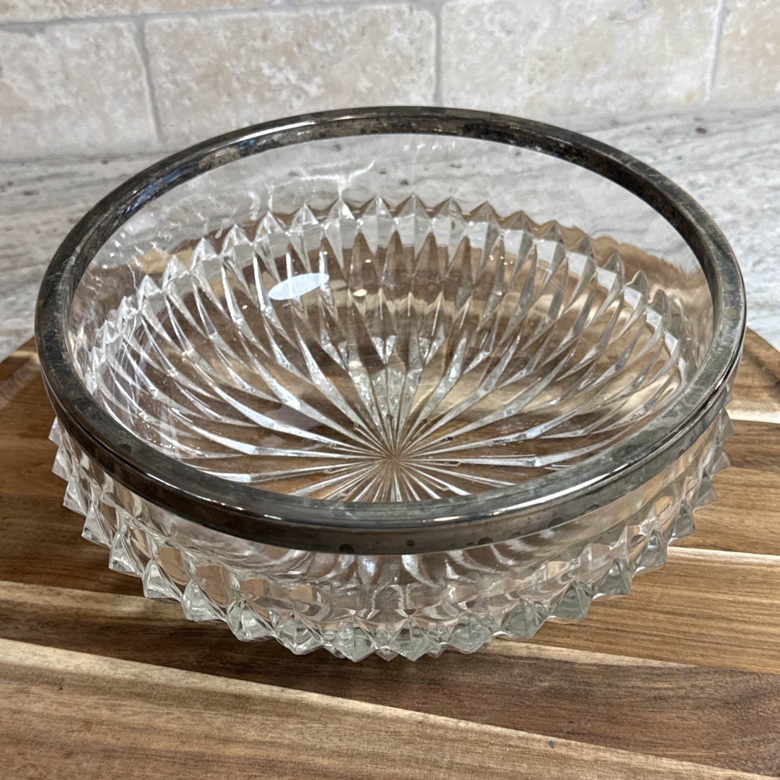 Vintage Crystal Pressed Glass Bowl with Silver Plated Metal Ring 9 x 4