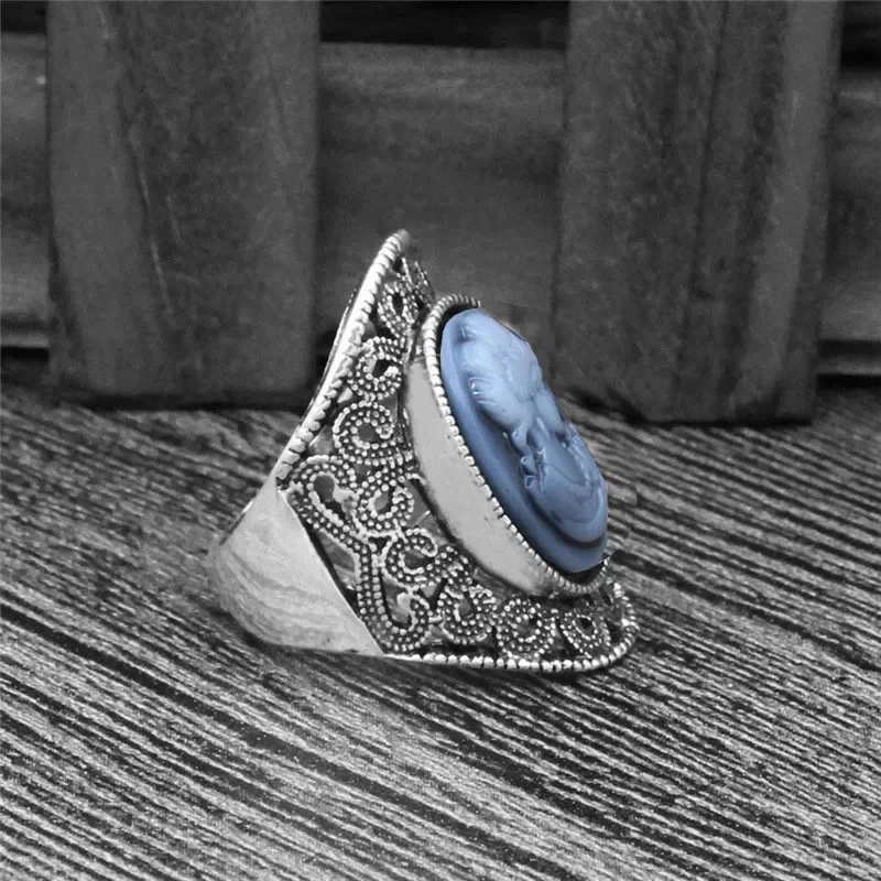 New Silver Plated Women Oval Lady Cameo Rings Antique Flower Plant Ring Band - Image 2 of 4