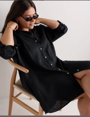 Quince Women 100% European Linen Shirt Dress Black XL Button Front Tunic Relaxed
