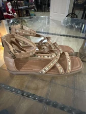 Crown Vintage Sandals Womens Size 10 Tan Beaded Strappy Ankle Zip Shoes