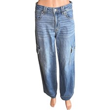 American Eagle Women  s Baggy Wide Leg Jeans 2 Stretch Cargo Pockets Utility
