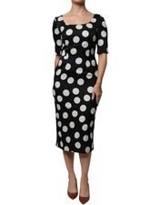 Dolce & Gabbana Black White Silk Polka Dots Sheath Midi Women's Dress