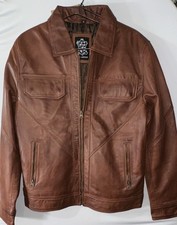 Jesse Men's Shirt Collar Genuine Real Leather Jacket Cognac Brown Size M NWT