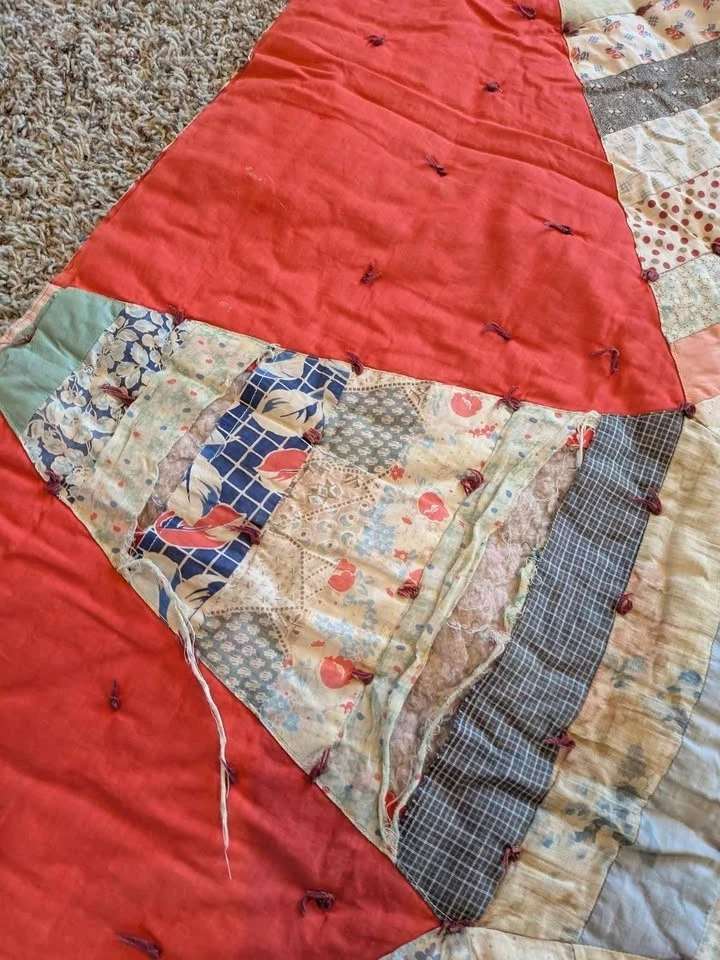 Antique Red Handmade Hand Sewn and Tied Star Quilt 85x75 Full Size Blanket - Image 4 of 4
