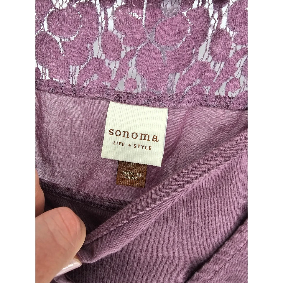 Sonoma 女式 L 码无袖棉衬衫深紫色帝国腰蕾丝 — 第 2/3 张图片